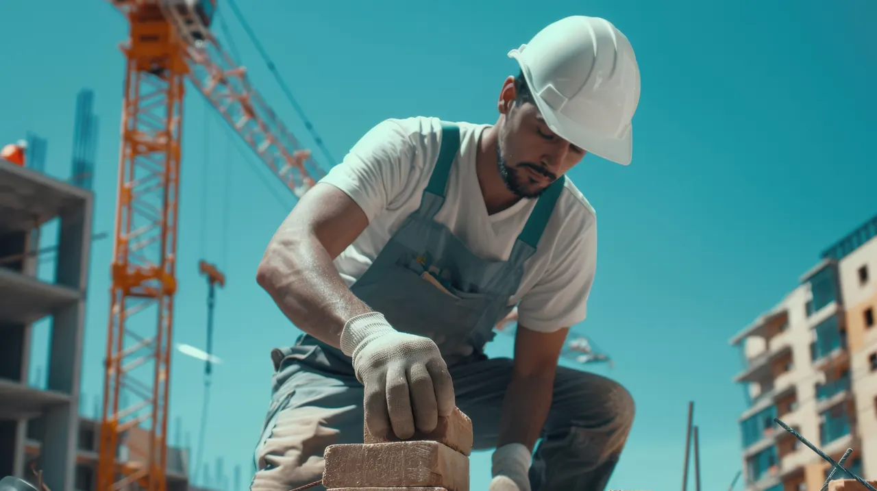 Bricklayer laying blocks on a building site