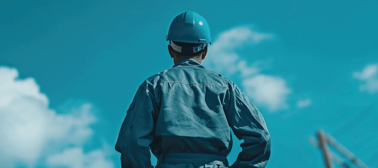 Site worker in a hard hat looking out over the project