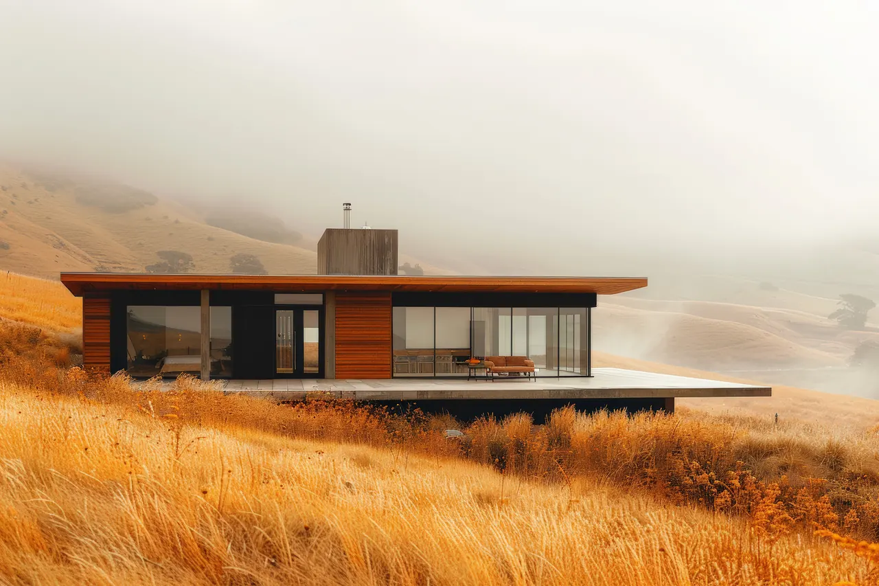 Modern house on a hillside at golden hour