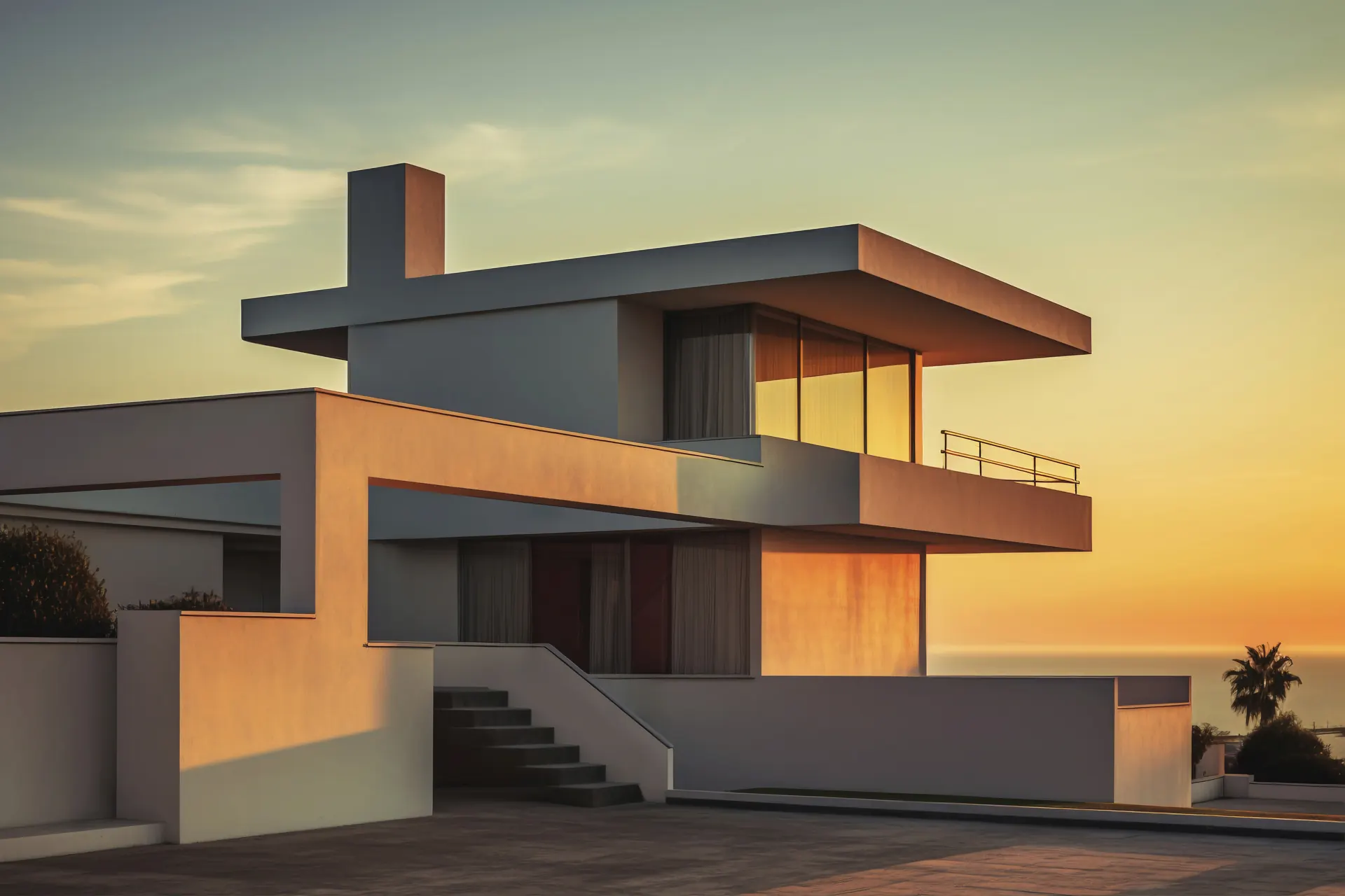 Modern concrete house at sunset